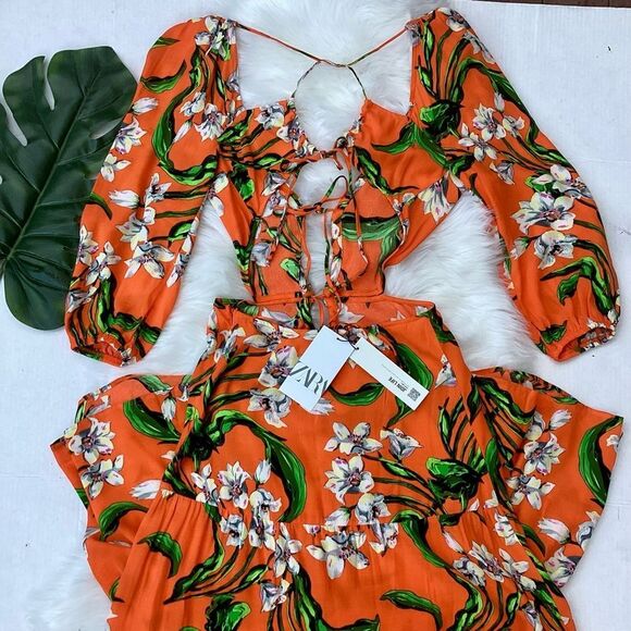 NWT Zara Orange Floral Tropical Maxi Dress Tiered Ruffle Cut Outs XS - Picture 9 of 11